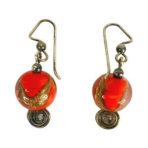 Art Glass Dangle Earrings Red Gold Silver Tone‎